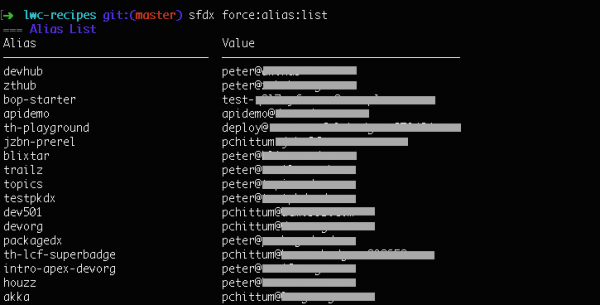 picture of the force:alias:list command output