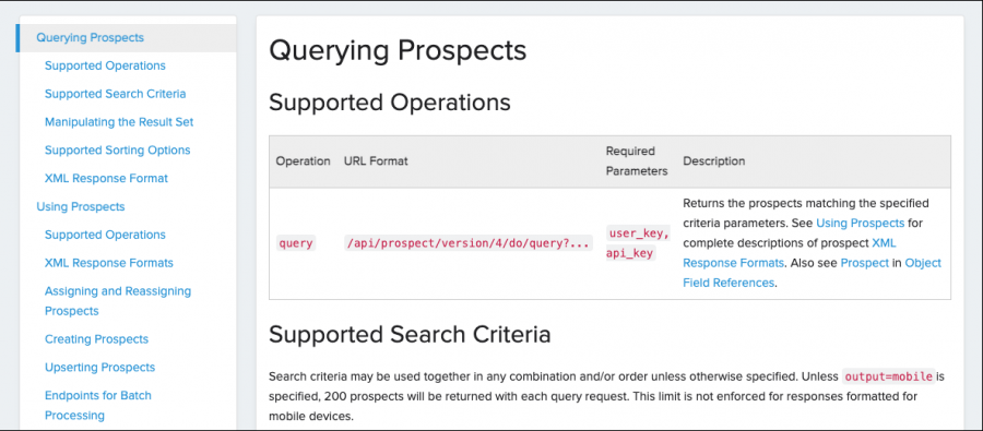 An image of the previous Prospect object documentation page. There is no introductory text and it opens with a table