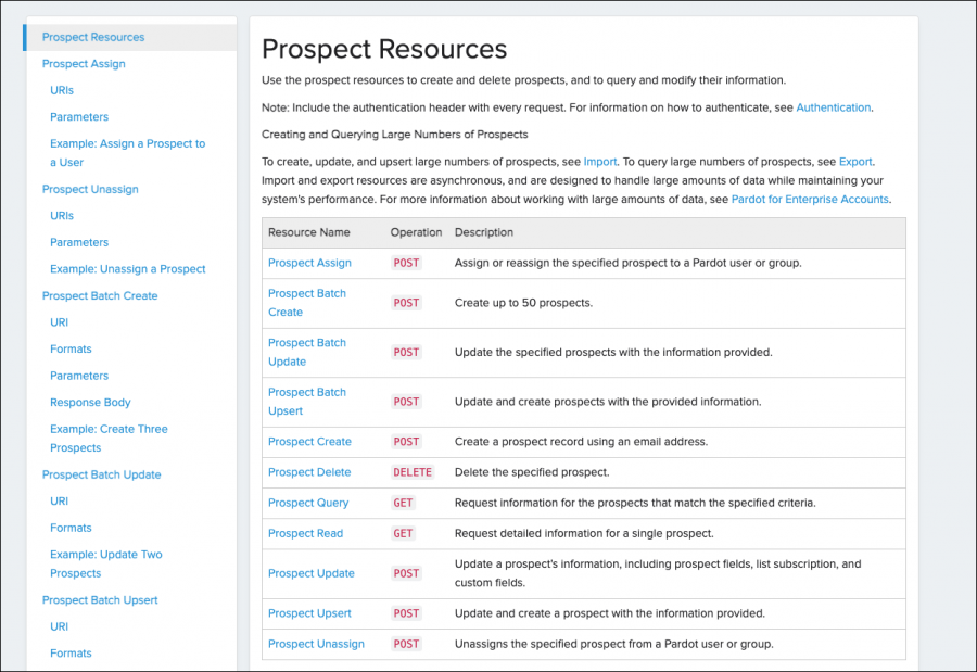 An image of the updated Prospect object documentation page. It shows an organized table with details about all available operations and links to documentation.