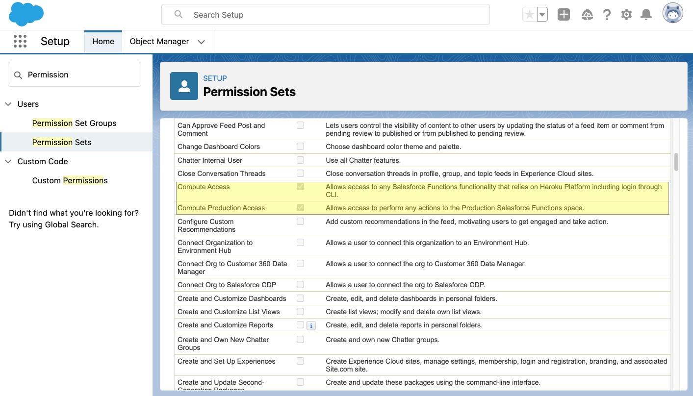 Permission sets setup page