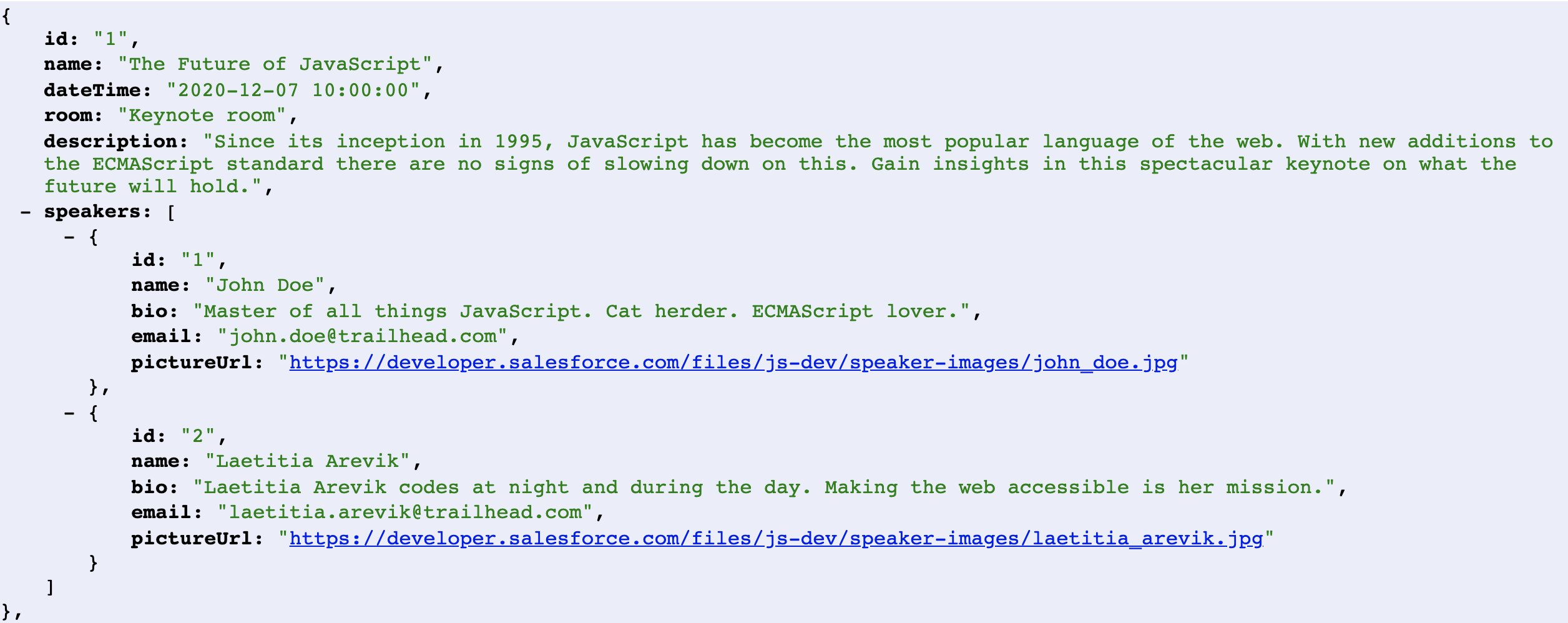 Sessions API JSON response