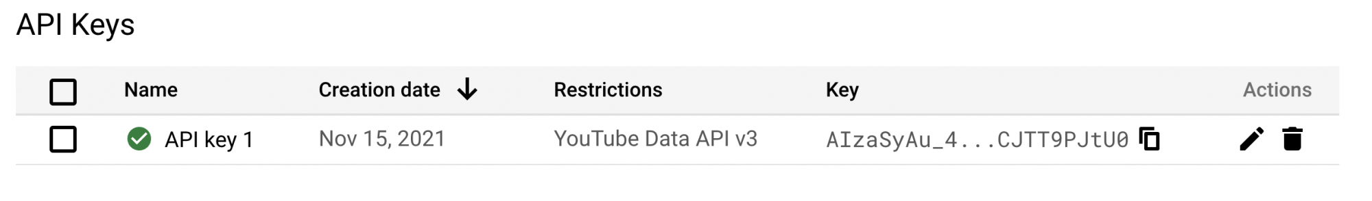 API Keys list on the Google Cloud dashboard