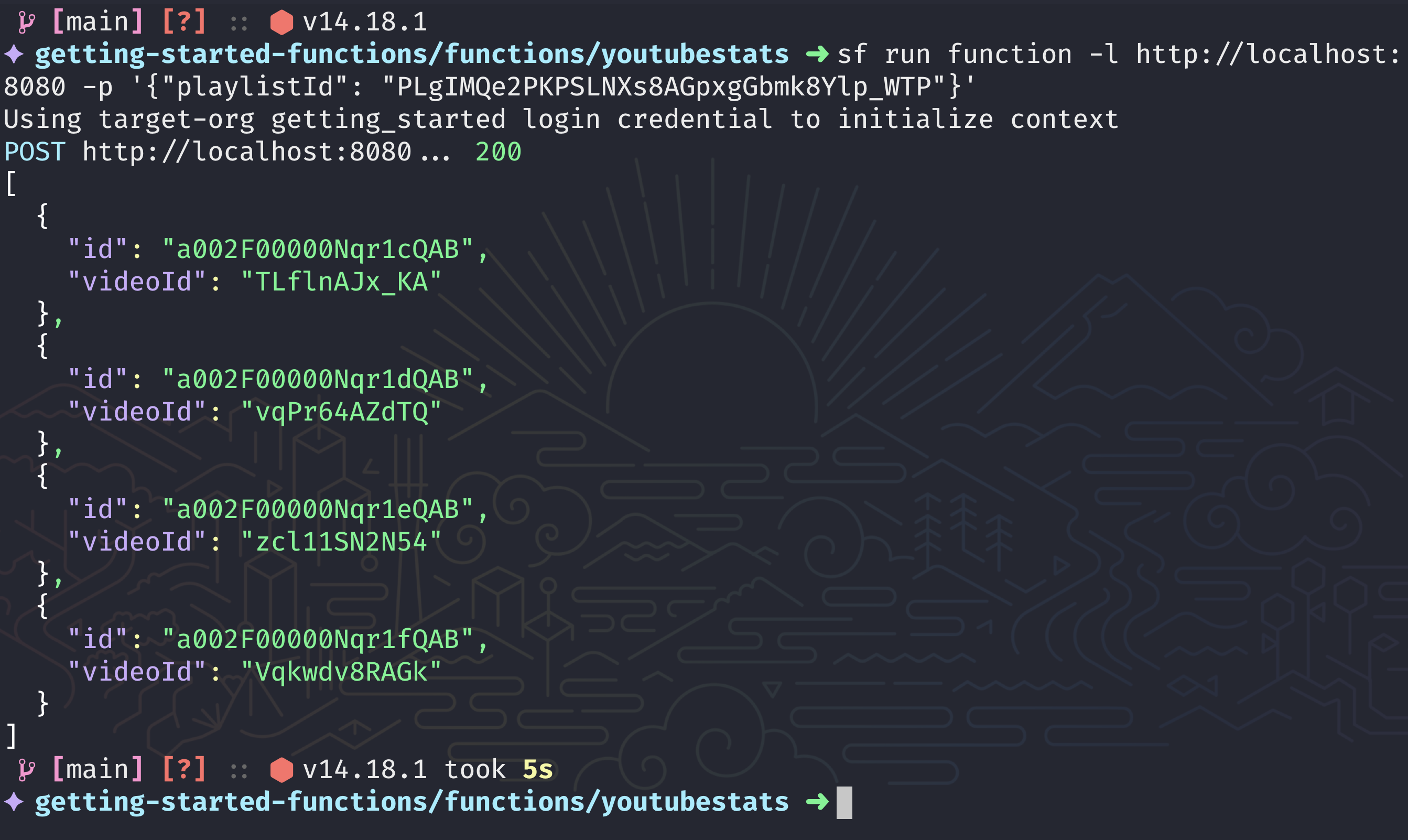Function invocation success with JSON response