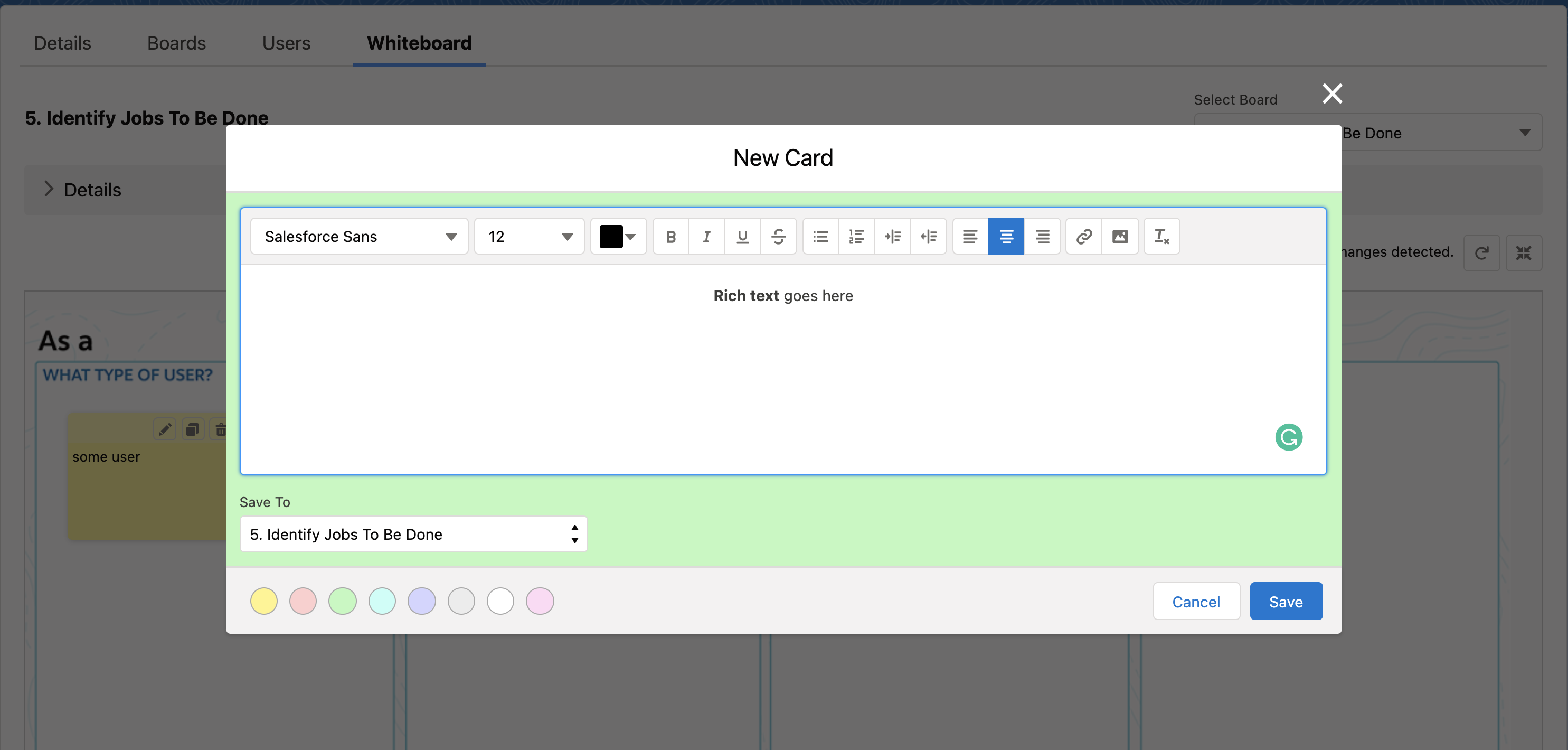 Screenshot of the Kickboard app that shows the popup that allows users to create or update a card