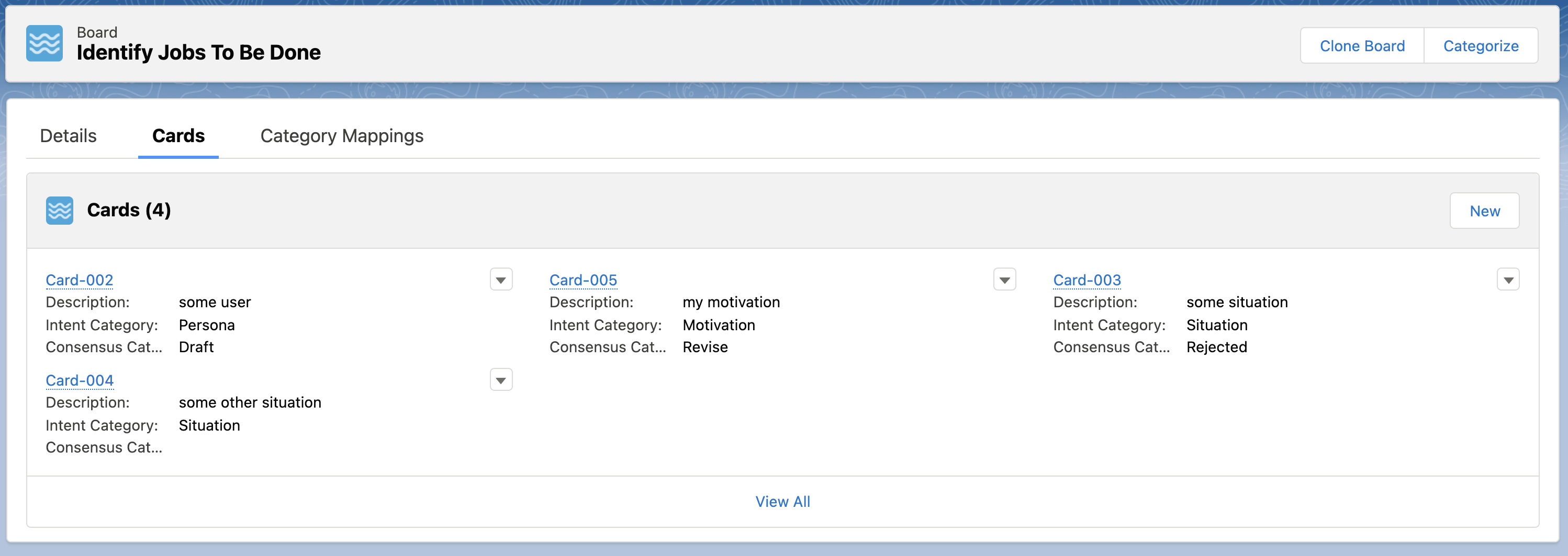Screenshot of the Board record page that shows the Cards related list with the Description, Intent Category, and Consensus Category fields