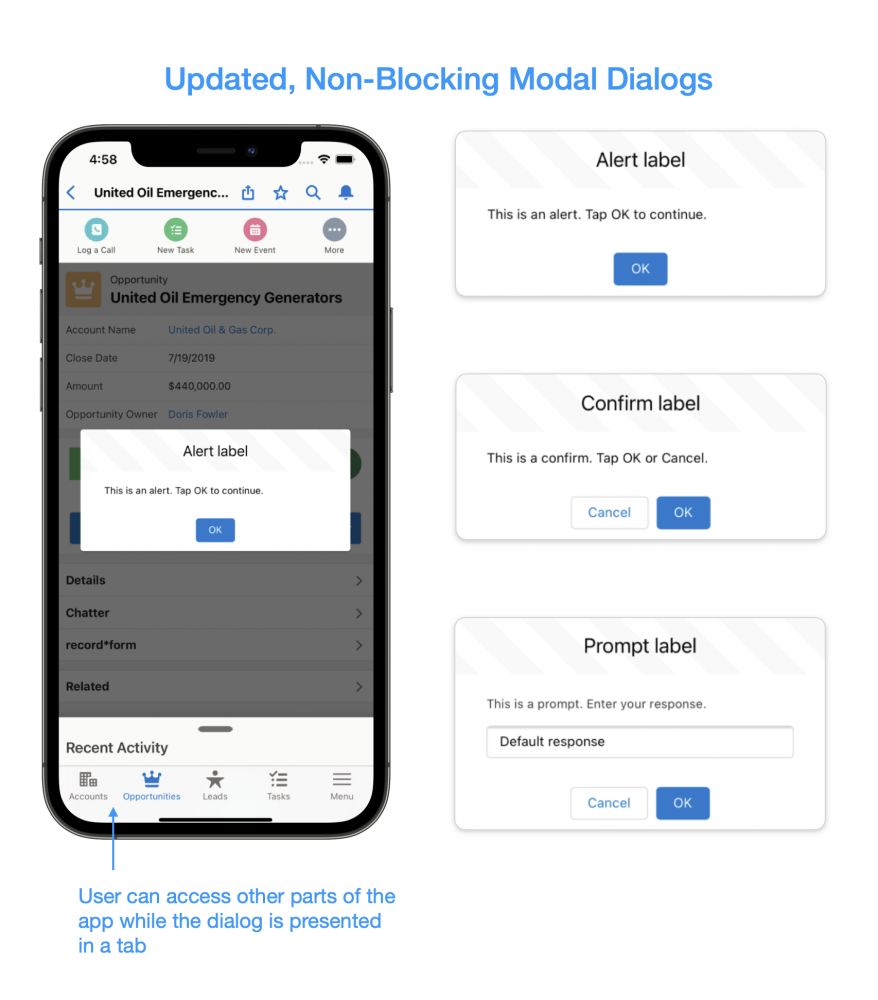 Illustration of non-blocking modal dialogs which do not block the app and are identical in appearance between phone handsets