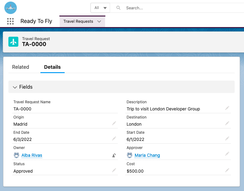 A travel request in Salesforce