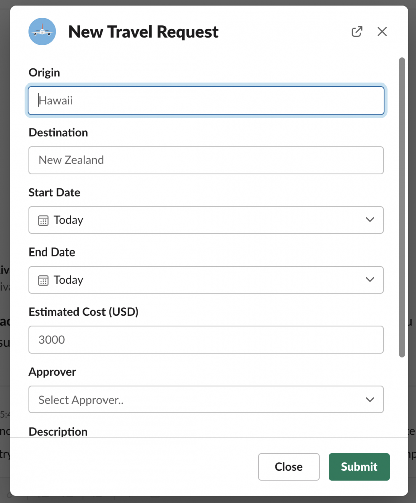 Prompt to create travel requests, launched typing the the /create travel request shortcut command