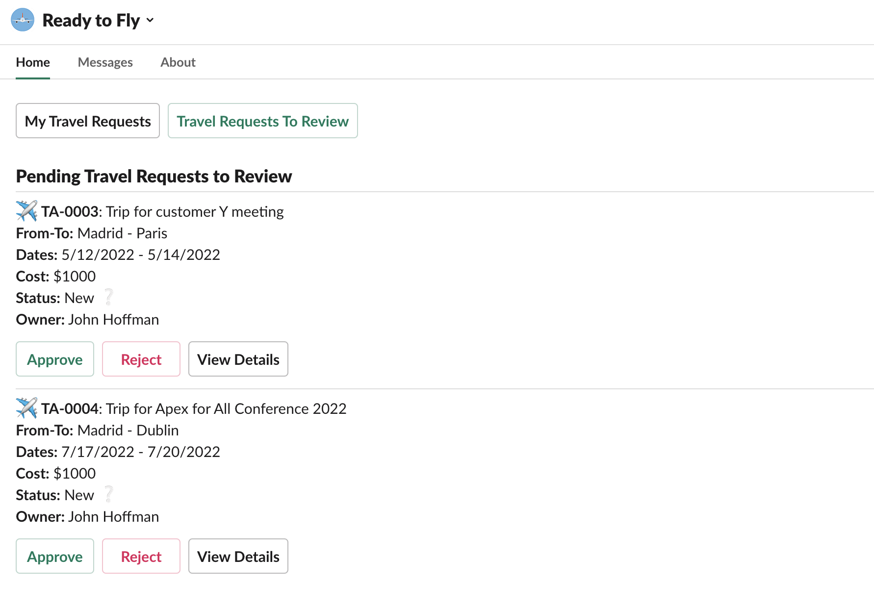Travel requests that the current user needs to review