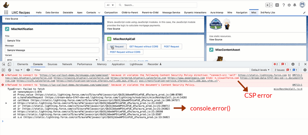 The Console tab of Chrome developer tools showing a CSP error and a console log