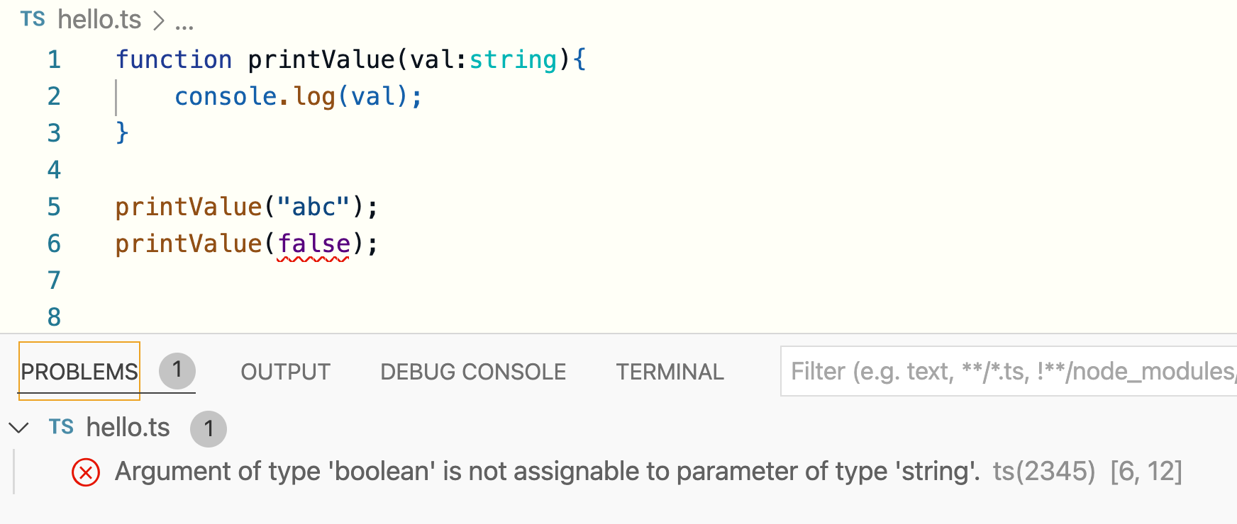  A screenshot that shows an error in VS Code that shows up in a TypeScript code snippet when a boolean value is assigned to the val parameter