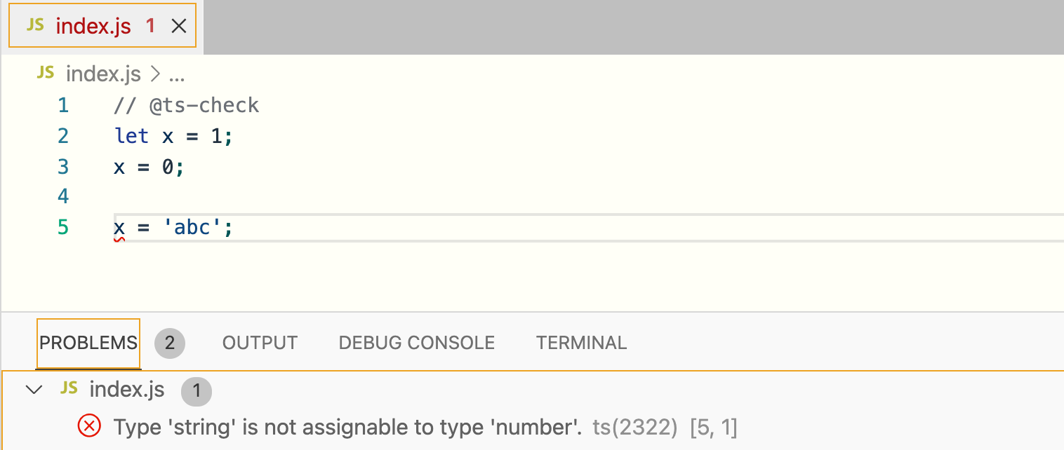 A screenshot that shows a JavaScript code snippet with the ts-check flag, and an error that is shown in VS Code when a string is assigned to a variable that is originally initialized to a number