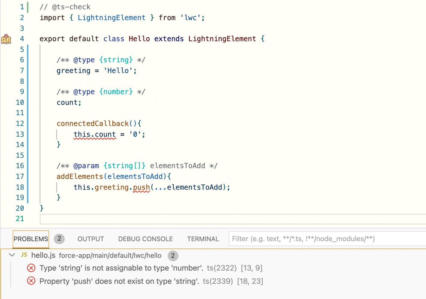 A screenshot that shows an LWC code snippet with the ts-check flag and errors in VS Code when values of incorrect types are assigned to properties