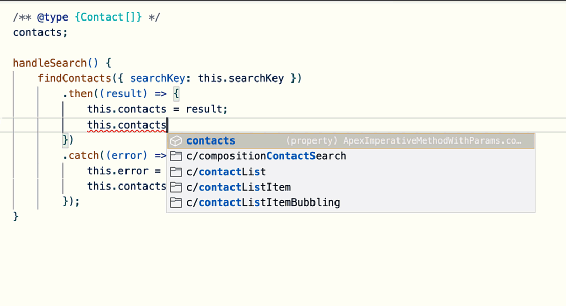 A GIF that shows how VS Code shows array methods, and Contact type properties as suggestions depending on the variable type