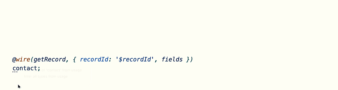 A GIF that shows how VS Code infers the type for the result of a getRecord operation