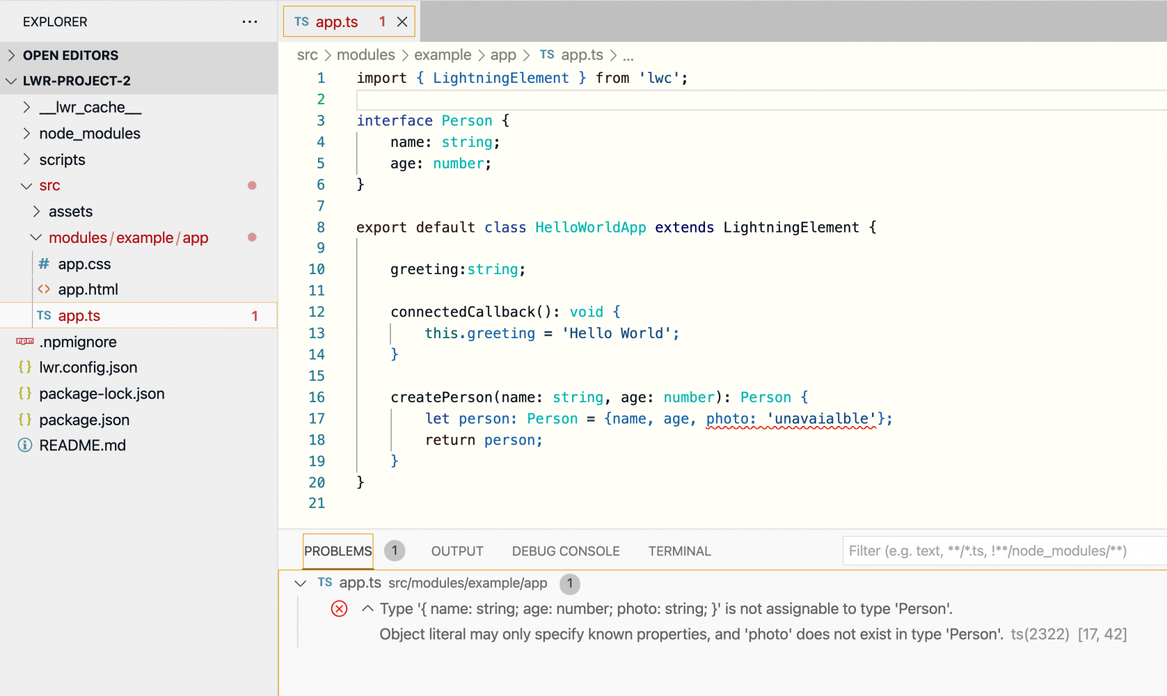 A screenshot of the app.ts file of an LWC component that shows a type error