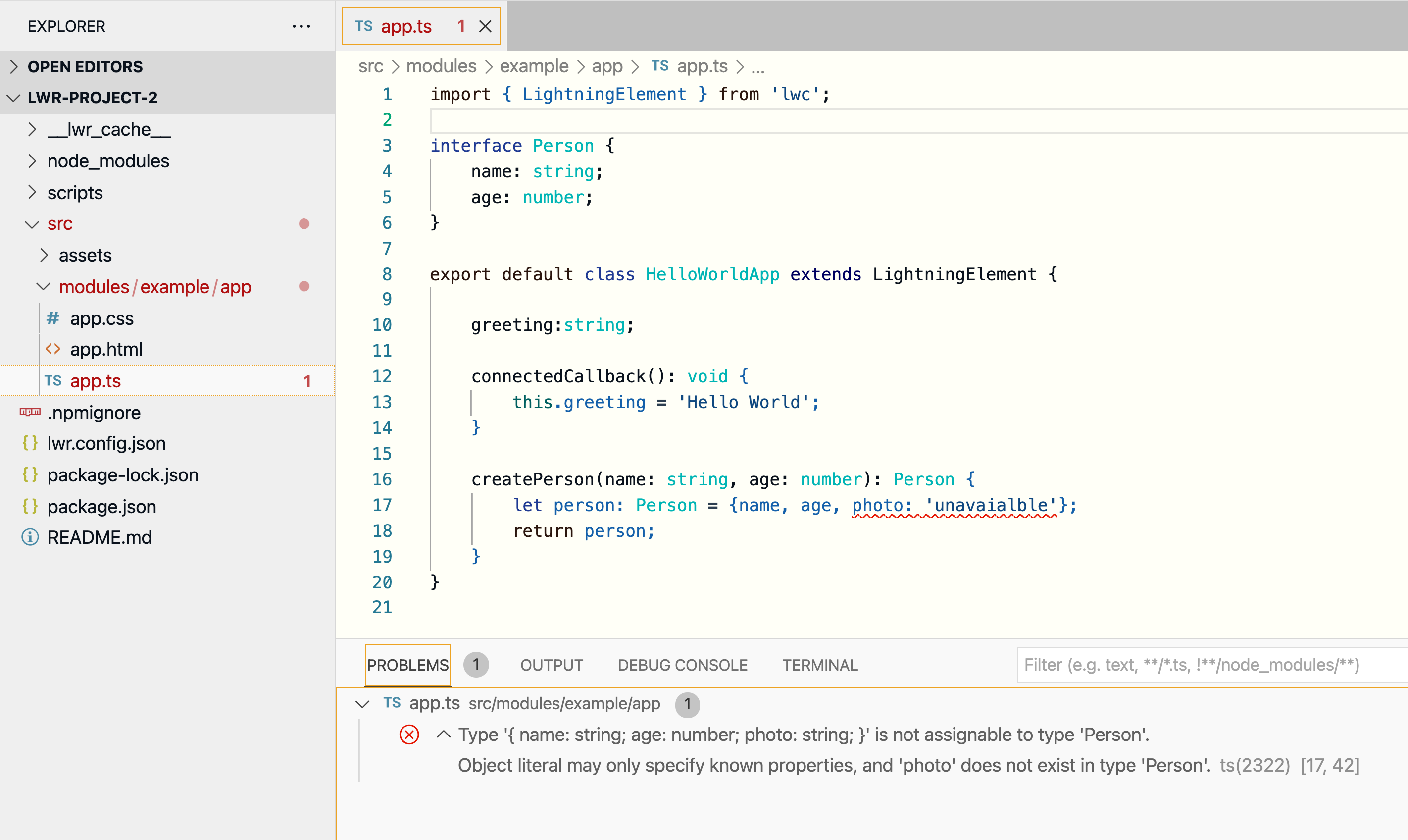 A screenshot of the app.ts file of an LWC component that shows a type error