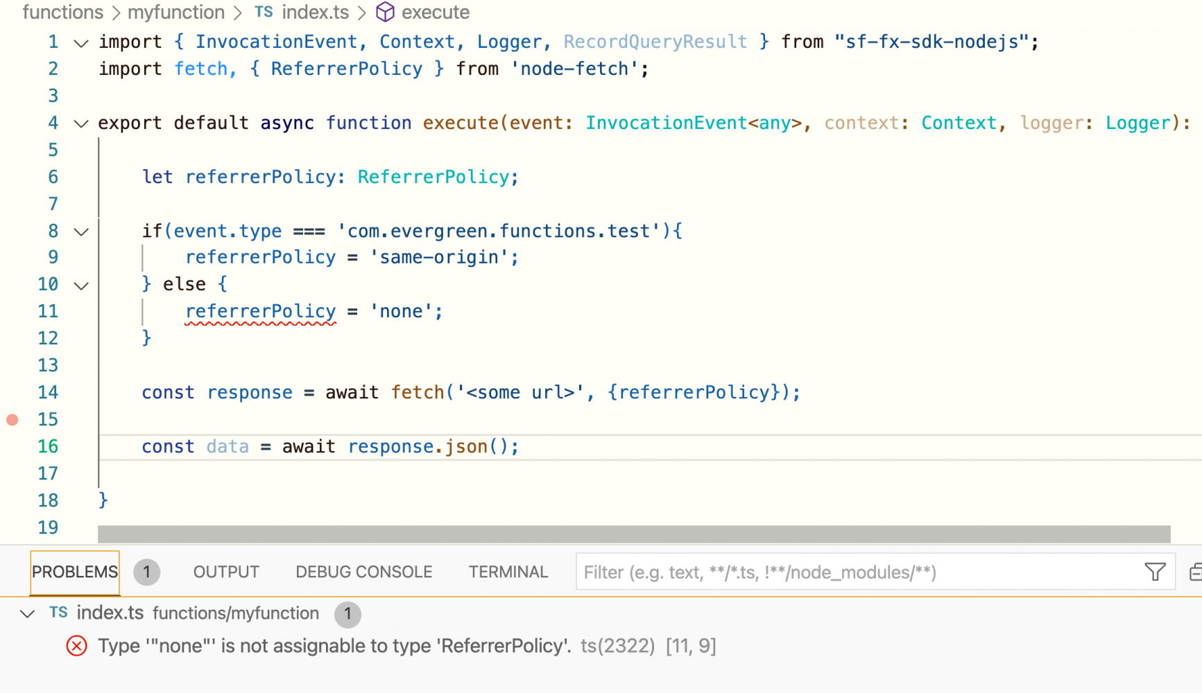 A screenshot of the index.ts file from a Salesforce function showing Intellisense support of VS Code for pre-defined types that have been imported from an npm library