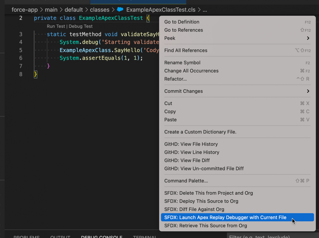 Screenshot showing command menu with SFDX: Launch Apex Replay Debugger with Current File command for an Apex test class