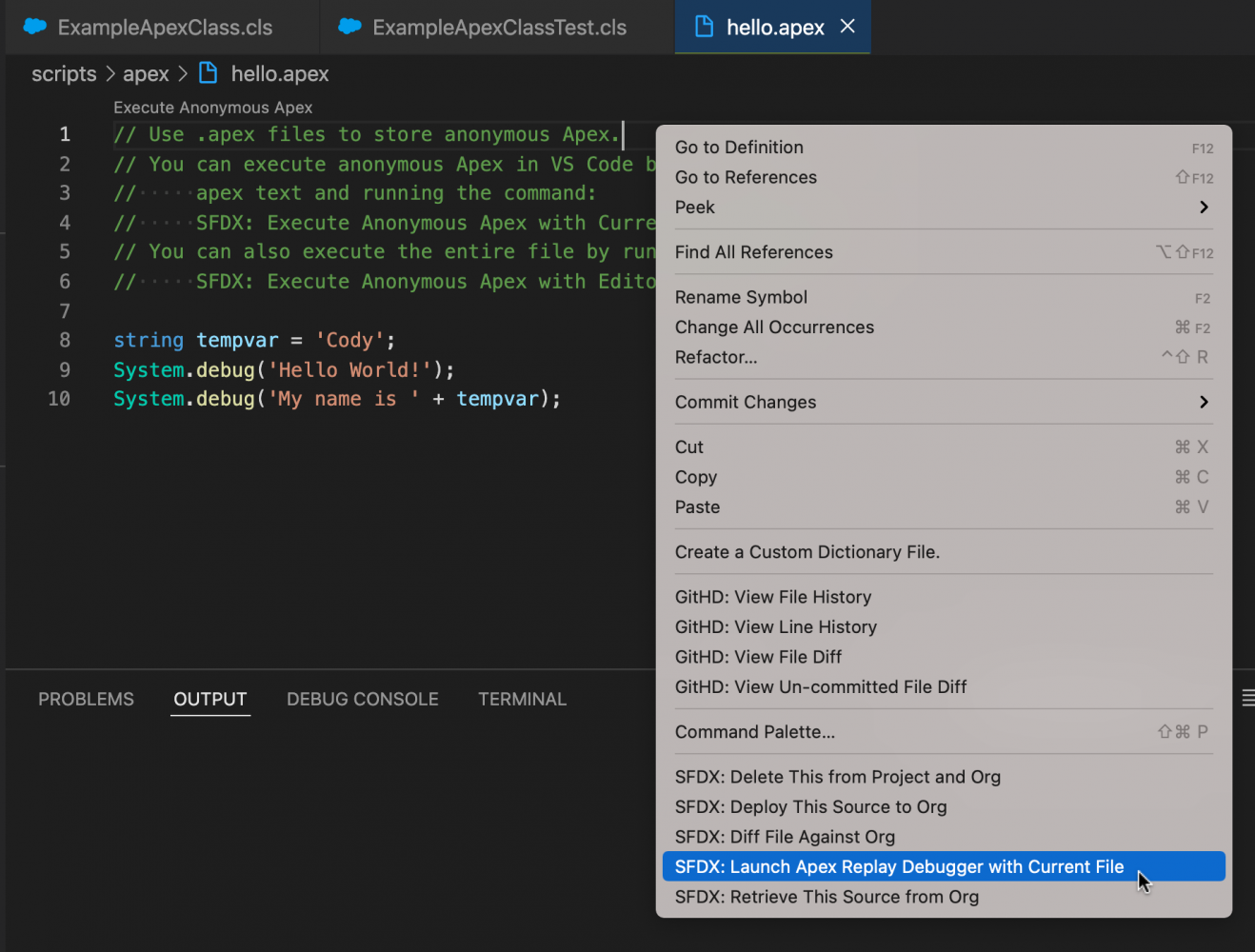 Screenshot showing command menu with SFDX: Launch Apex Replay Debugger with Current File command for an anonymous Apex class