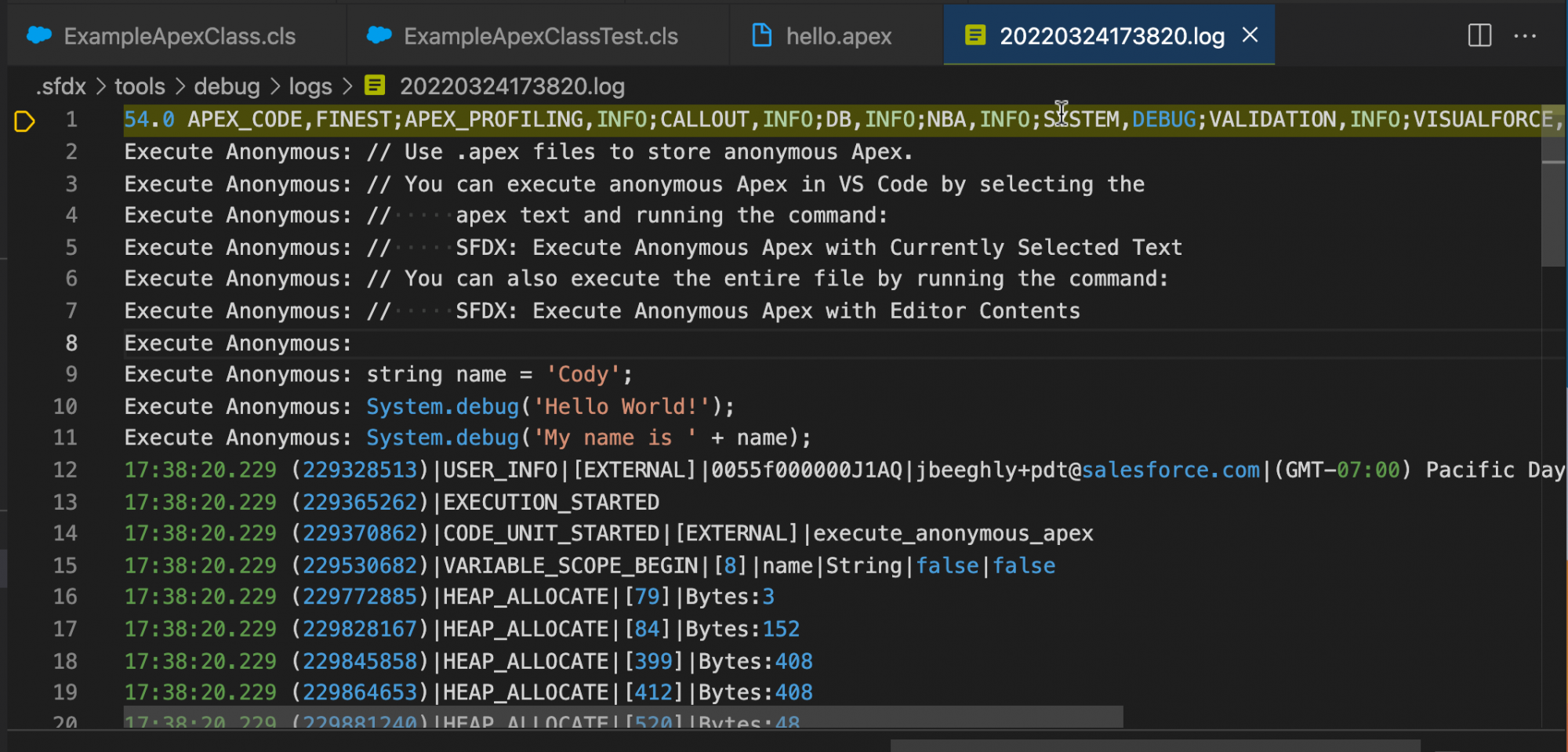 Screenshot showing a user debugging and stepping through an Apex log file