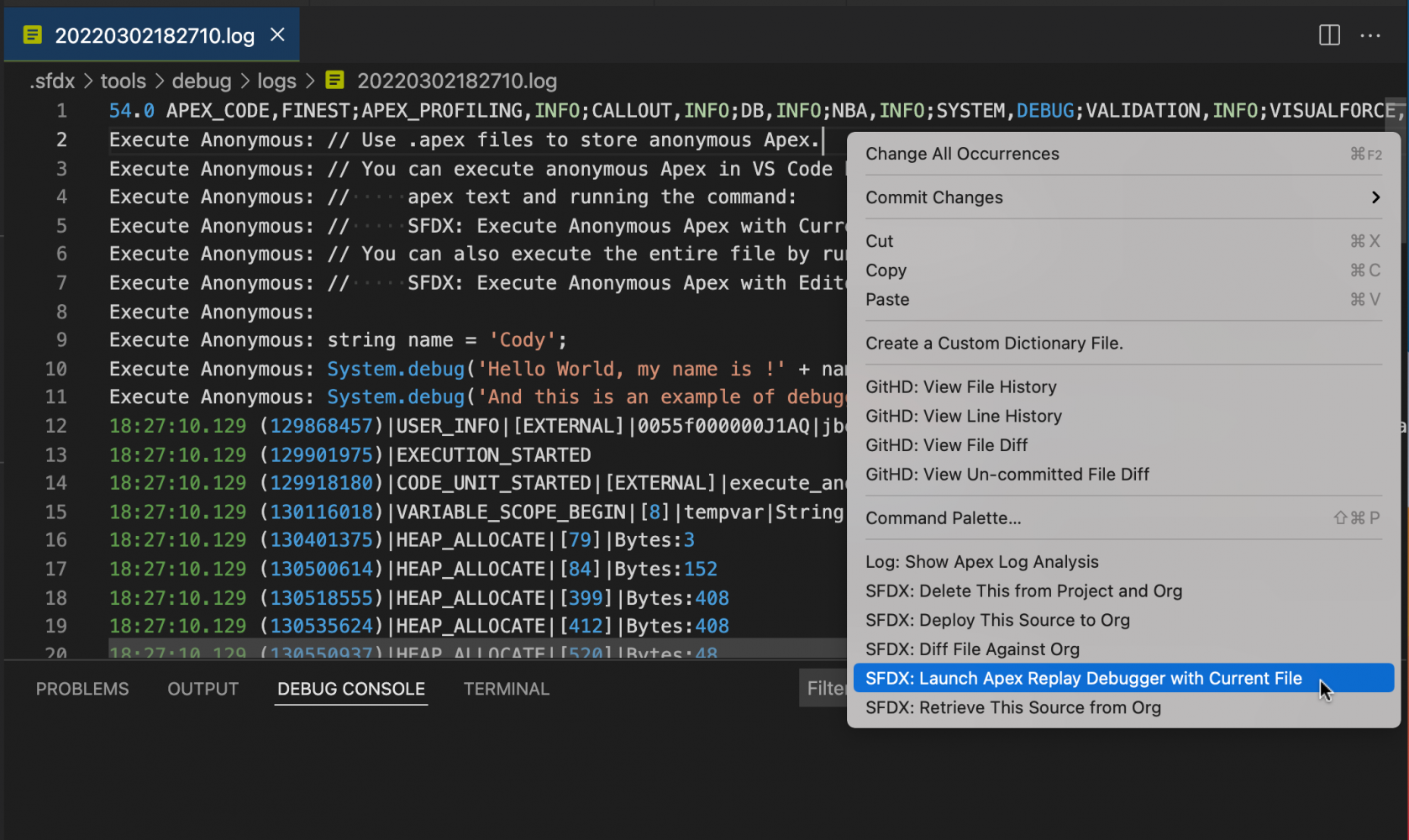 Screenshot showing command menu with SFDX: Launch Apex Replay Debugger with Current File command for an Apex debug log file