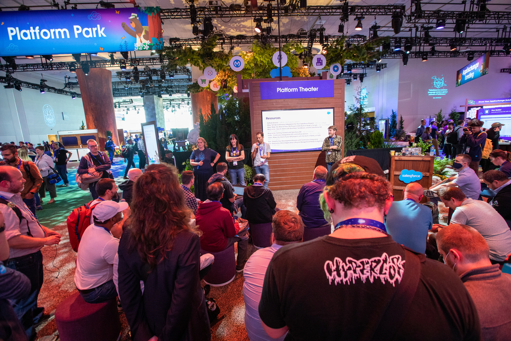 Christie, Alba, Philippe, and Shane speaking to a crowd about Continuous Integration at TDX. TrailblazerDX 2022, Salesforce Developer Conference, is held at the Moscone Convention Center in San Francisco on Wednesday, April 27, 2022. (© Photo by Jakub Mosur)