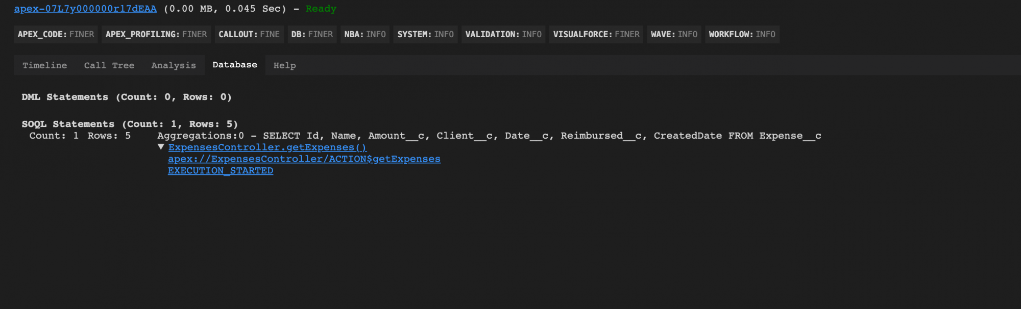 Representation of the Database tab using the Apex Log Analyzer to showcase the actual culprit SOQL