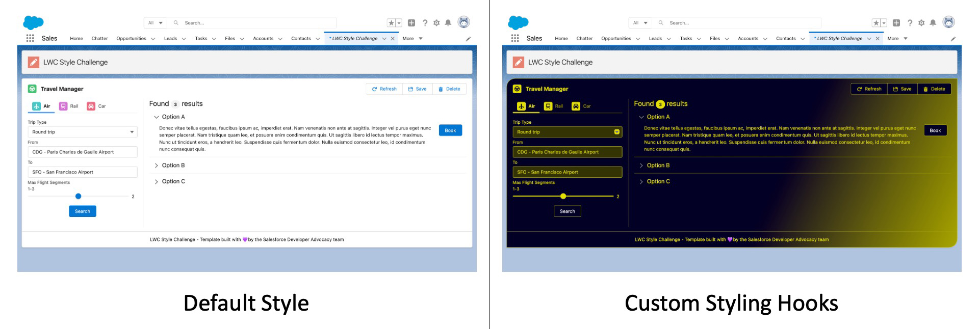 Screenshots of before and after styling hooks are applied to the LWC Style Challenge app