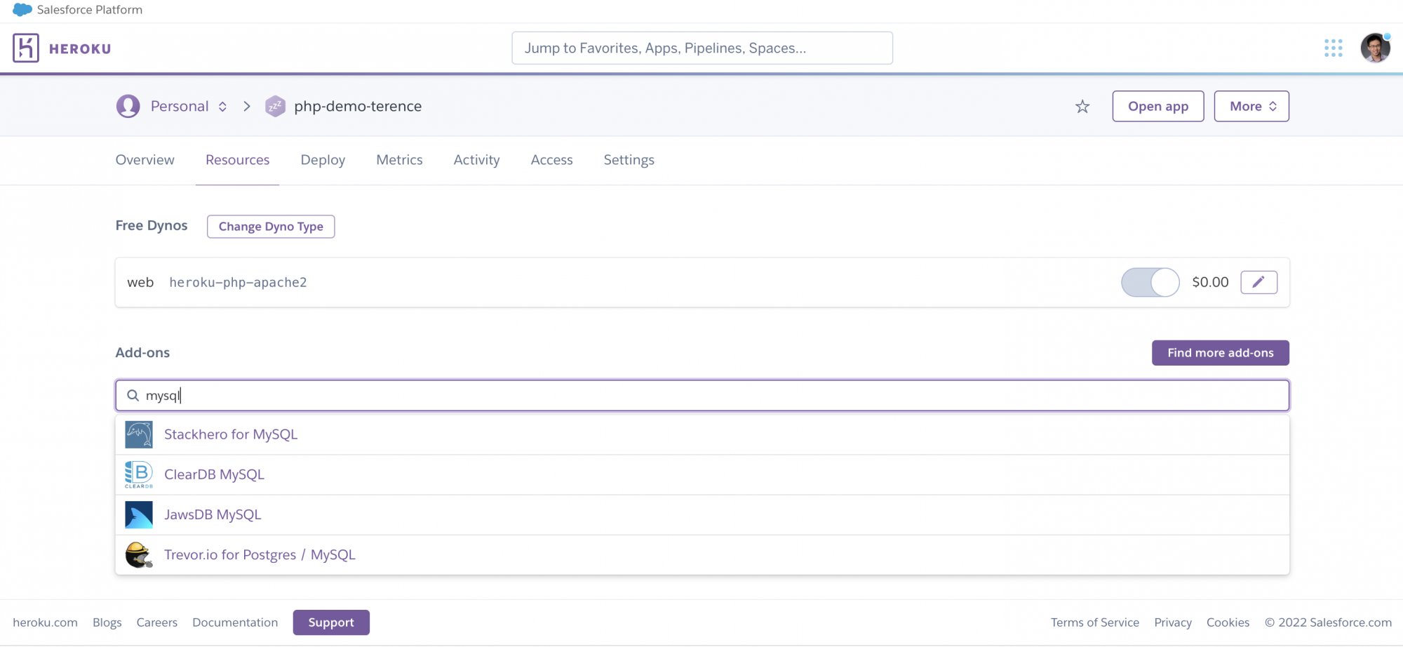 A screenshot showing Heroku Add-ons for MySQL