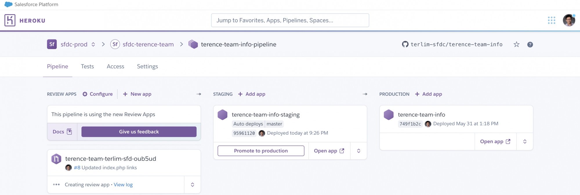 A screenshot showing the Heroku Pipelines dashboard