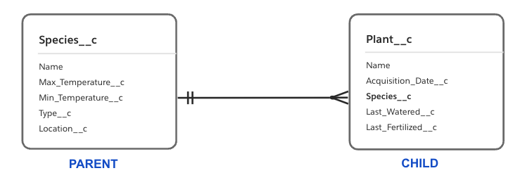 Data model diagram that shows how Species__c and Plant__c are related