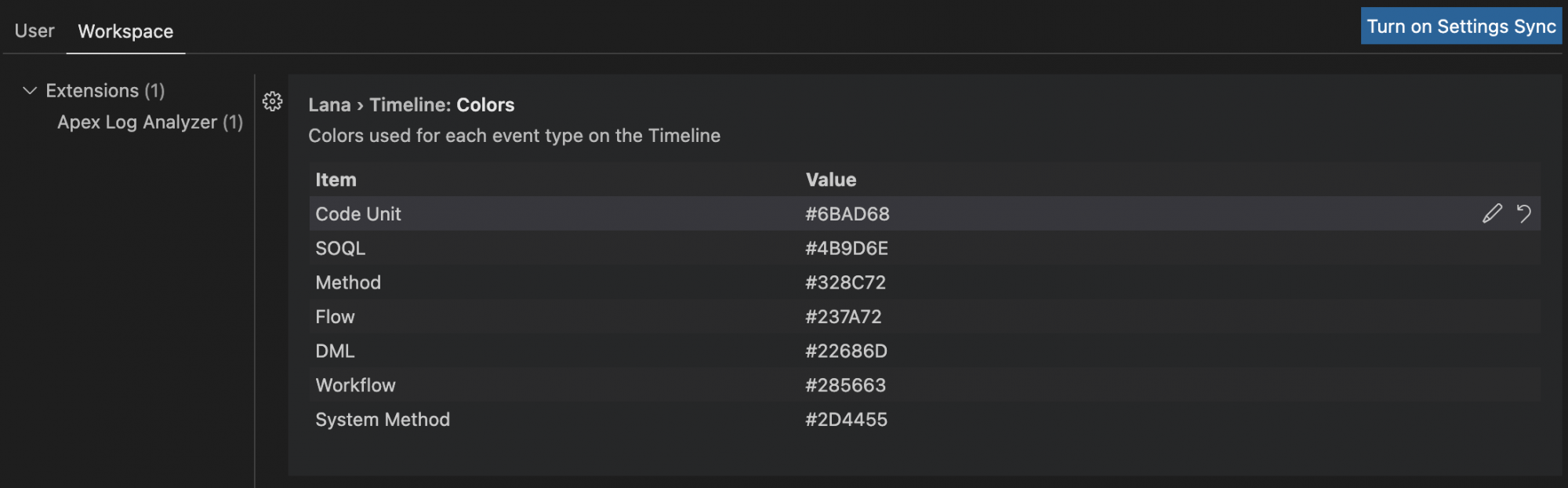 Color details for the Timeline tab shown within the Workspace Settings for the Apex Log Analyzer extension within VS Code