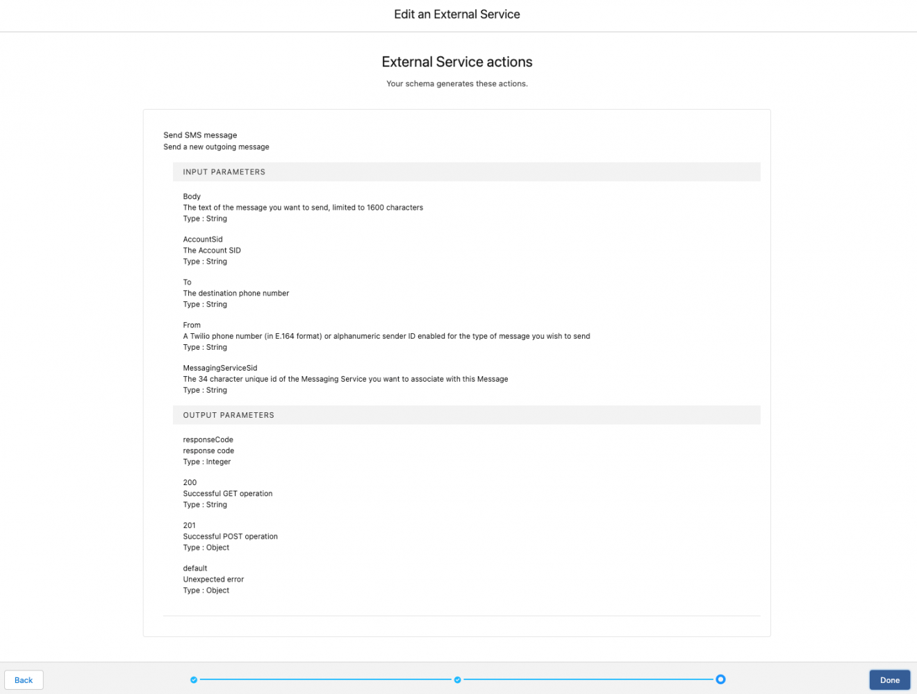 The third and last page of the edit/create external service flow shows the actions that will be available for the new service. It has detailed descriptions of both the input and output parameters.