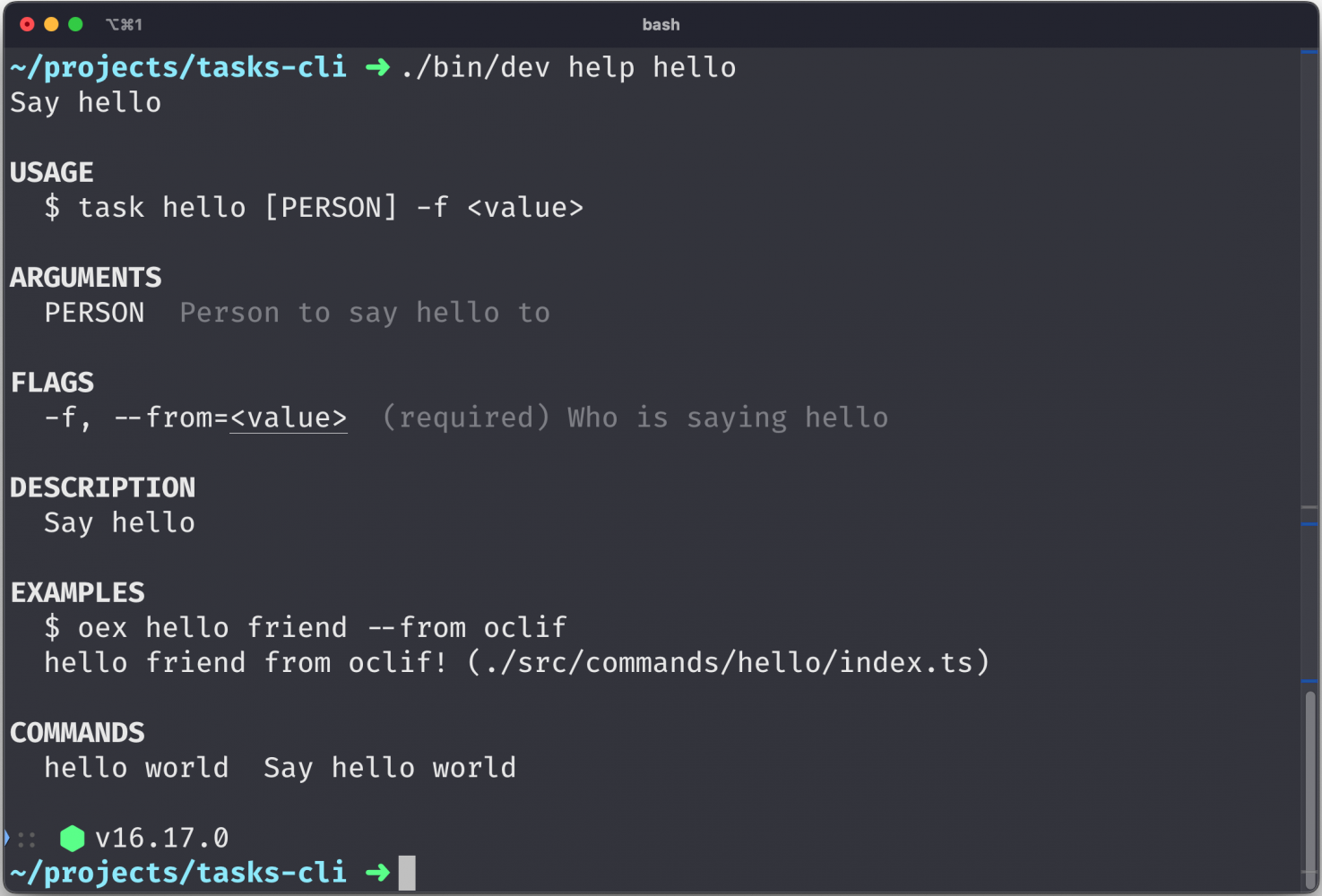 tasks-cli showing the autogenerated help output for the hello command