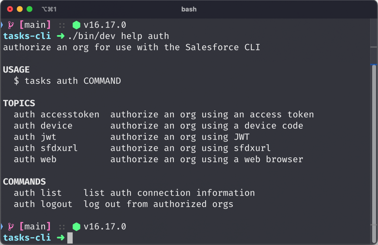 task-cli showing the output of the auth topic from @salesforce/plugin-auth