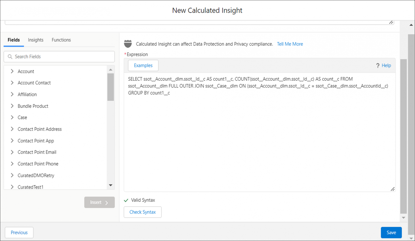 Image of the Calculated Insights builder with a SQL query selecting fields from the Account and Case fields