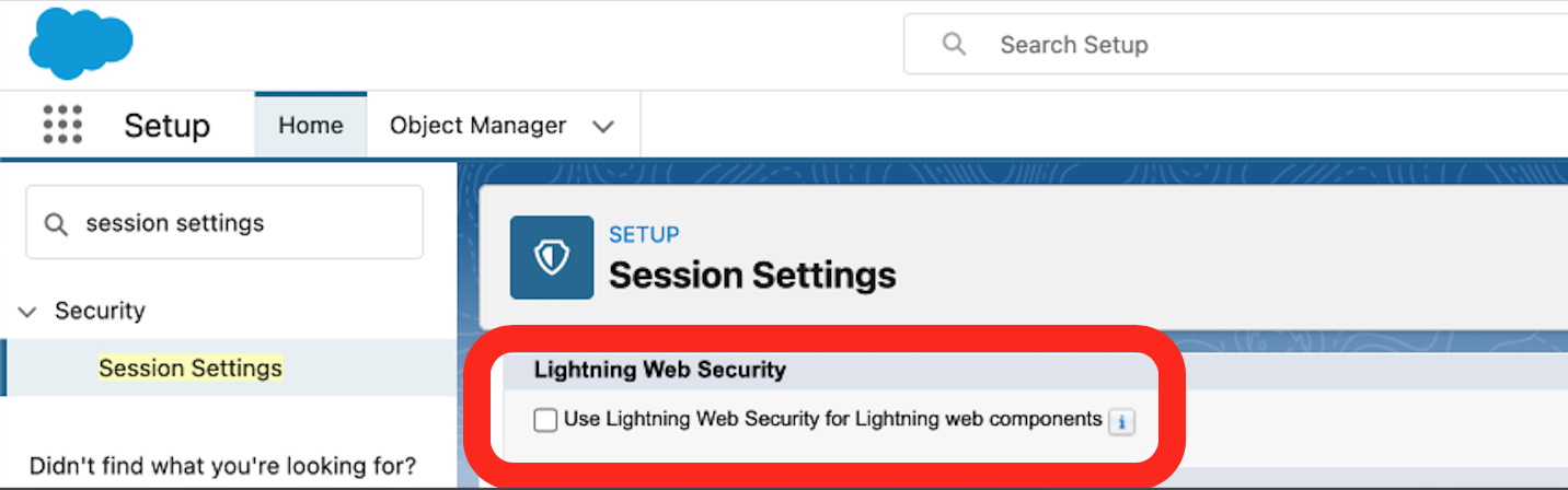 Image showing the checkbox to turn on Lightning Web Security in the Session Settings section of a Salesforce org’s Setup menu