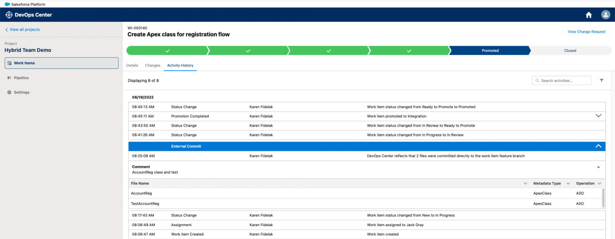 Developers can make a change through the Salesforce CLI and changes will automatically be synced with source control and reflected in the DevOps Center UI