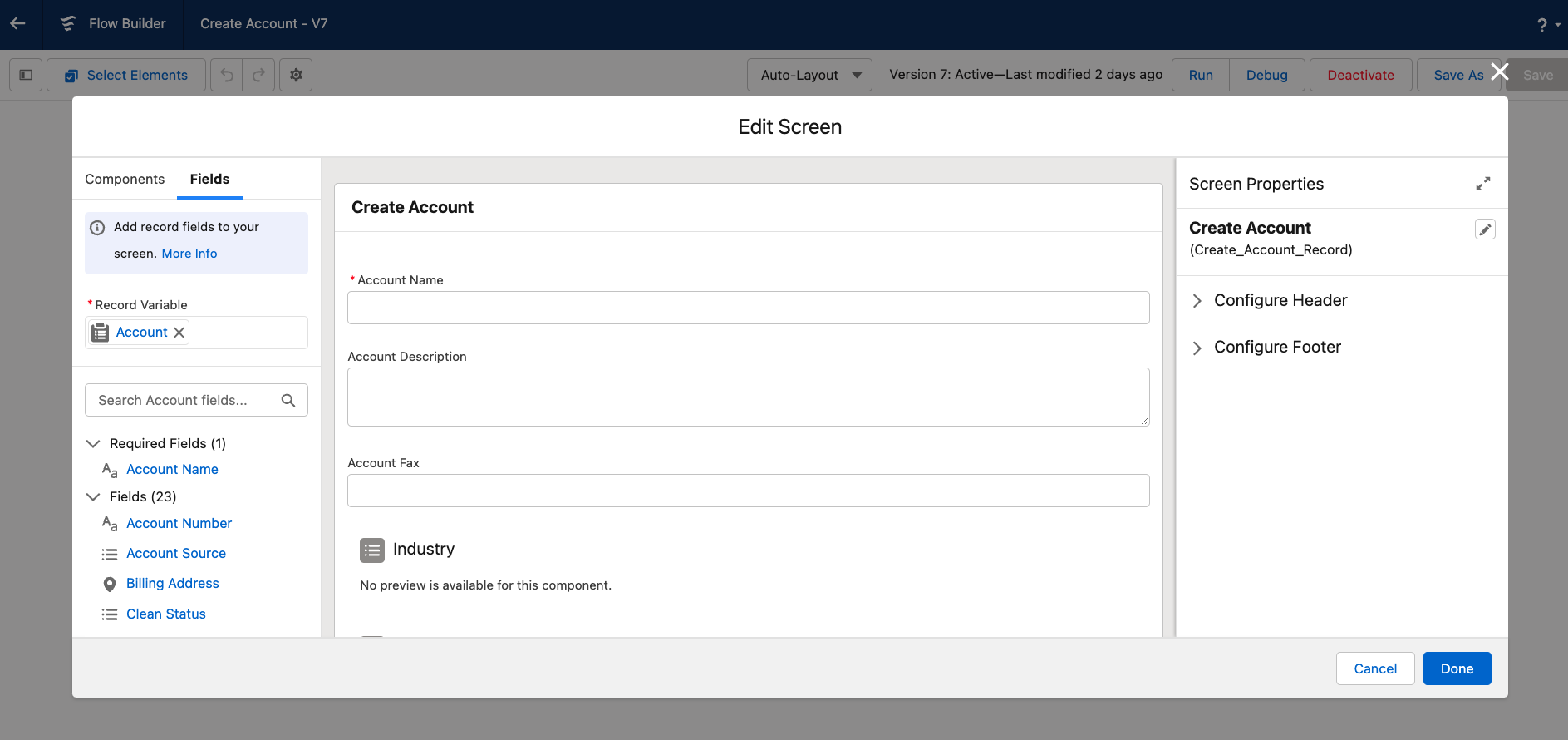 Configuration of the Create Account screen element