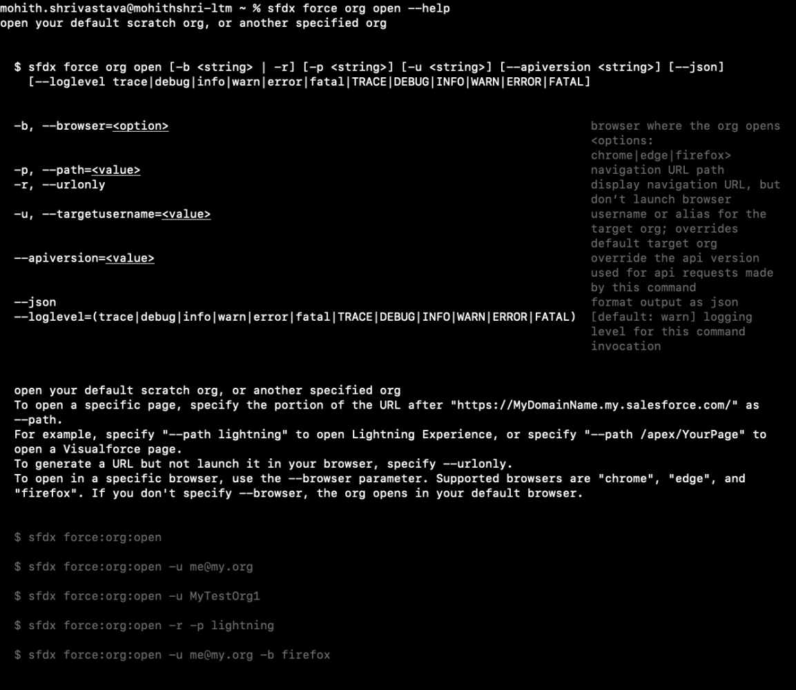 A screenshot showing the org open command using --help flag for detailed help