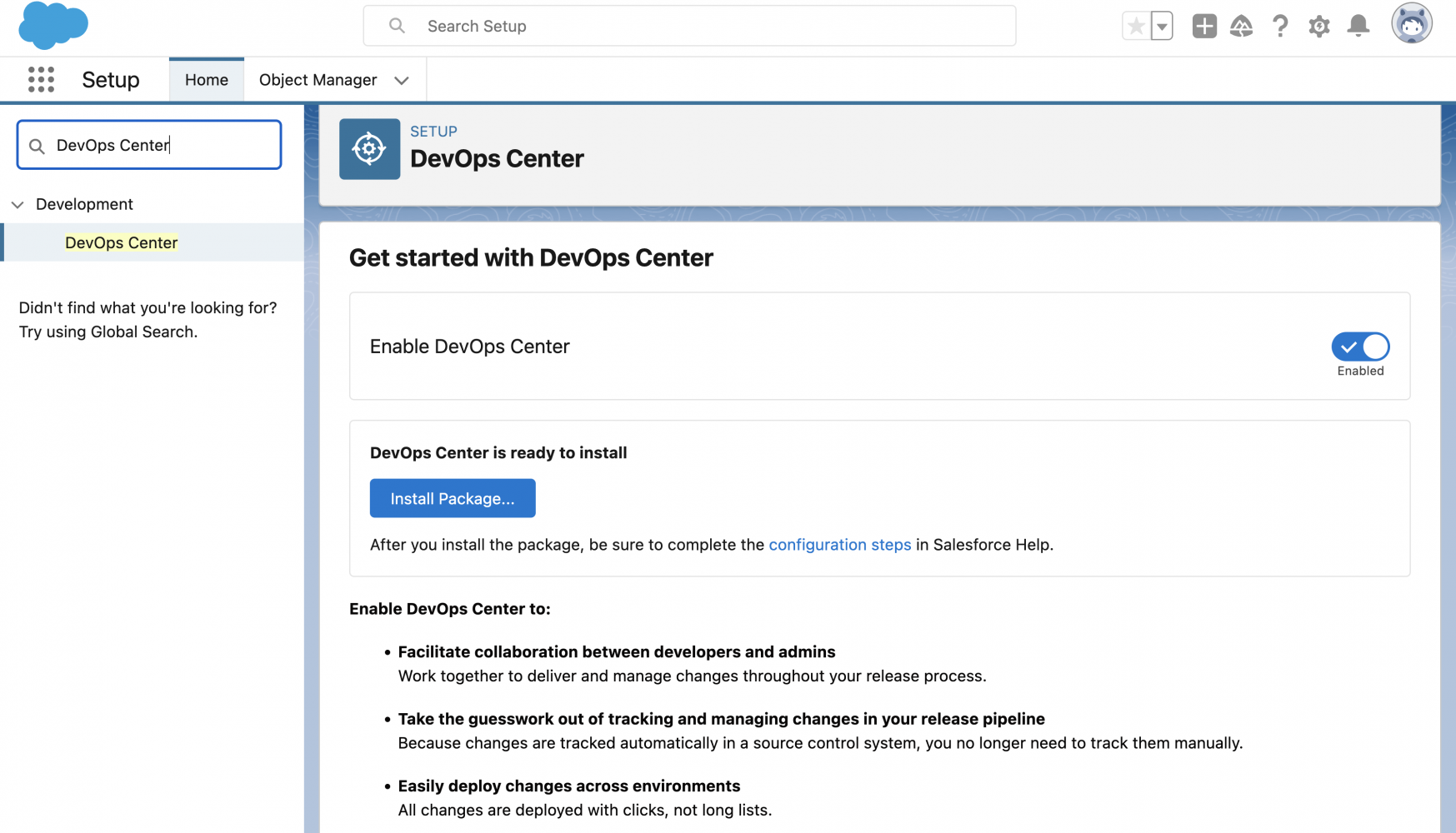 DevOps Center setup screen