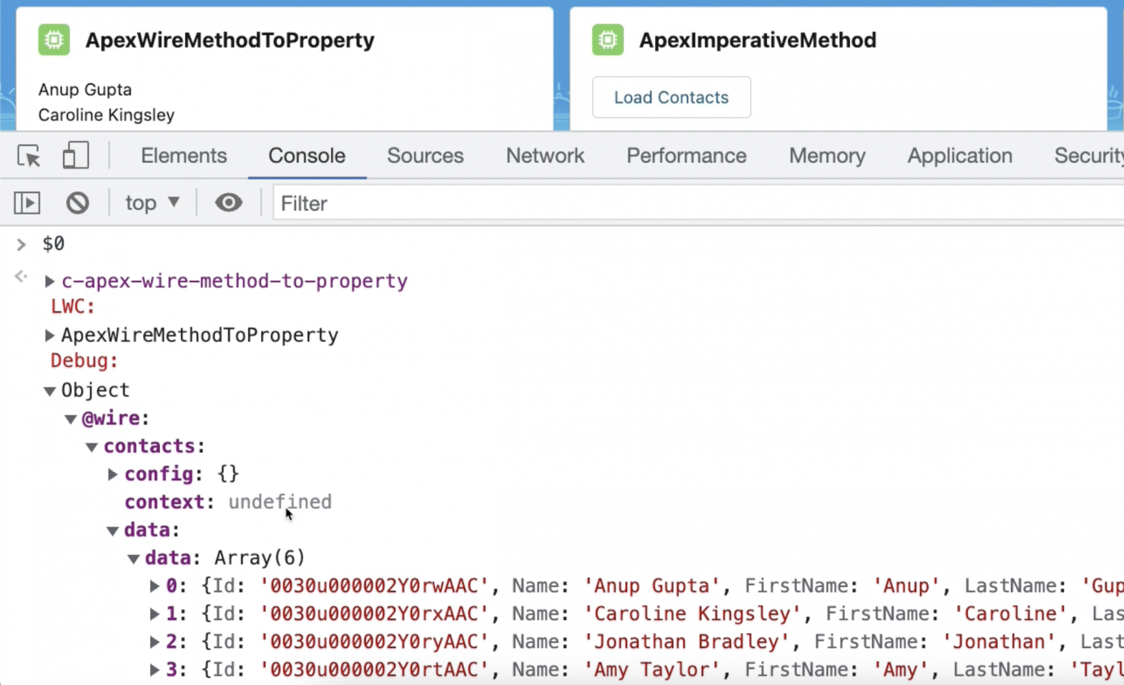 Chrome DevTools Console open with debug data for the LWC component.