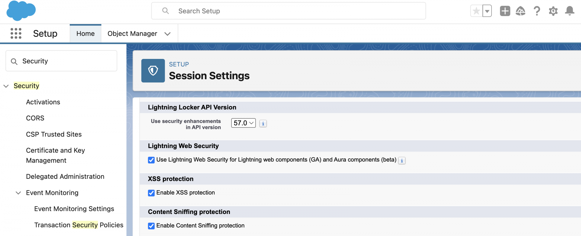 Session Settings page from Salesforce Setup for the LWS enablement 