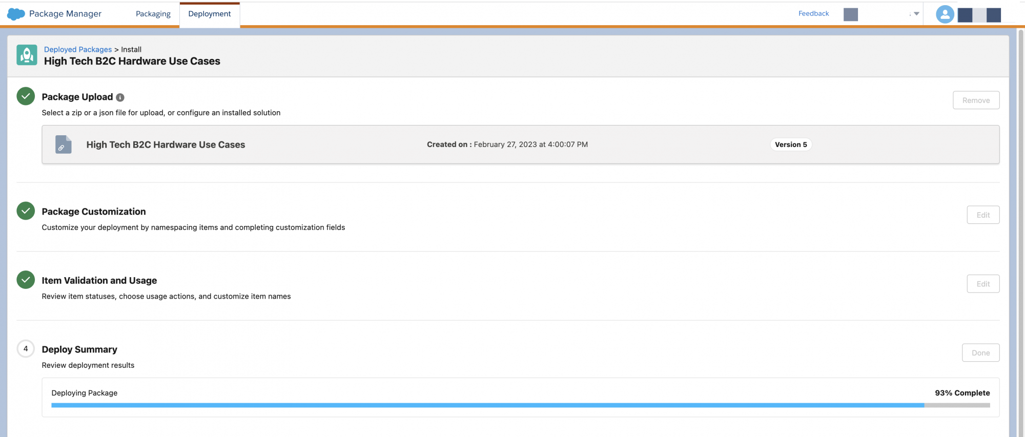 The Package Manager deployment landing page and the new deployment status bar