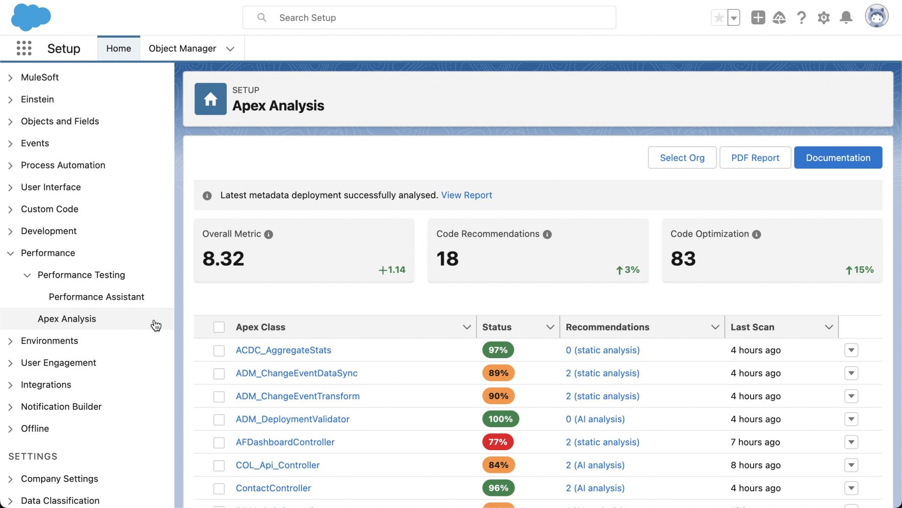 Dynamic and static Apex analysis screen in Scale Center