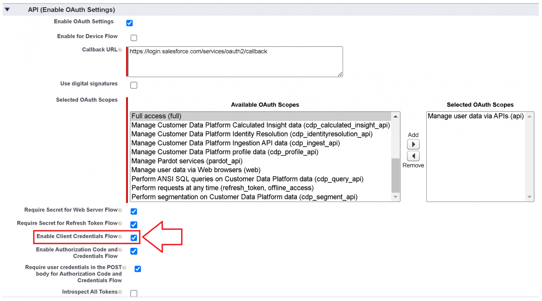 Setup image showing the different OAuth settings to enable the client credentials flow