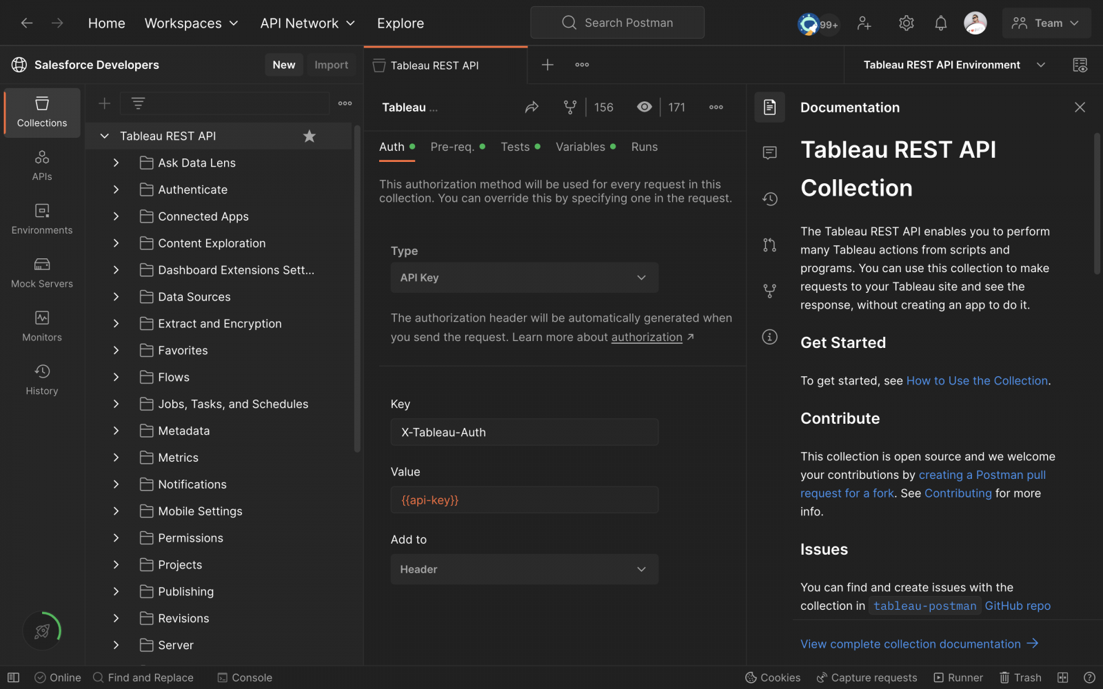 Tableau’s Postman Collection as seen on the Salesforce Developers workspace