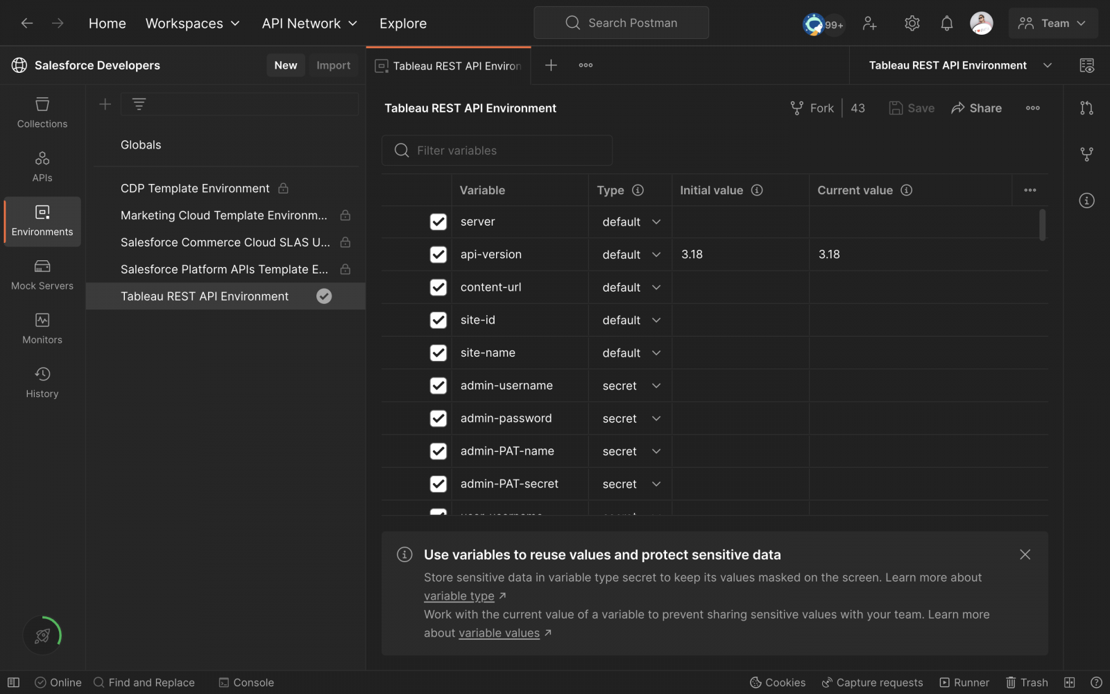 Tableau’s Postman environment as seen on the Salesforce Developers workspace