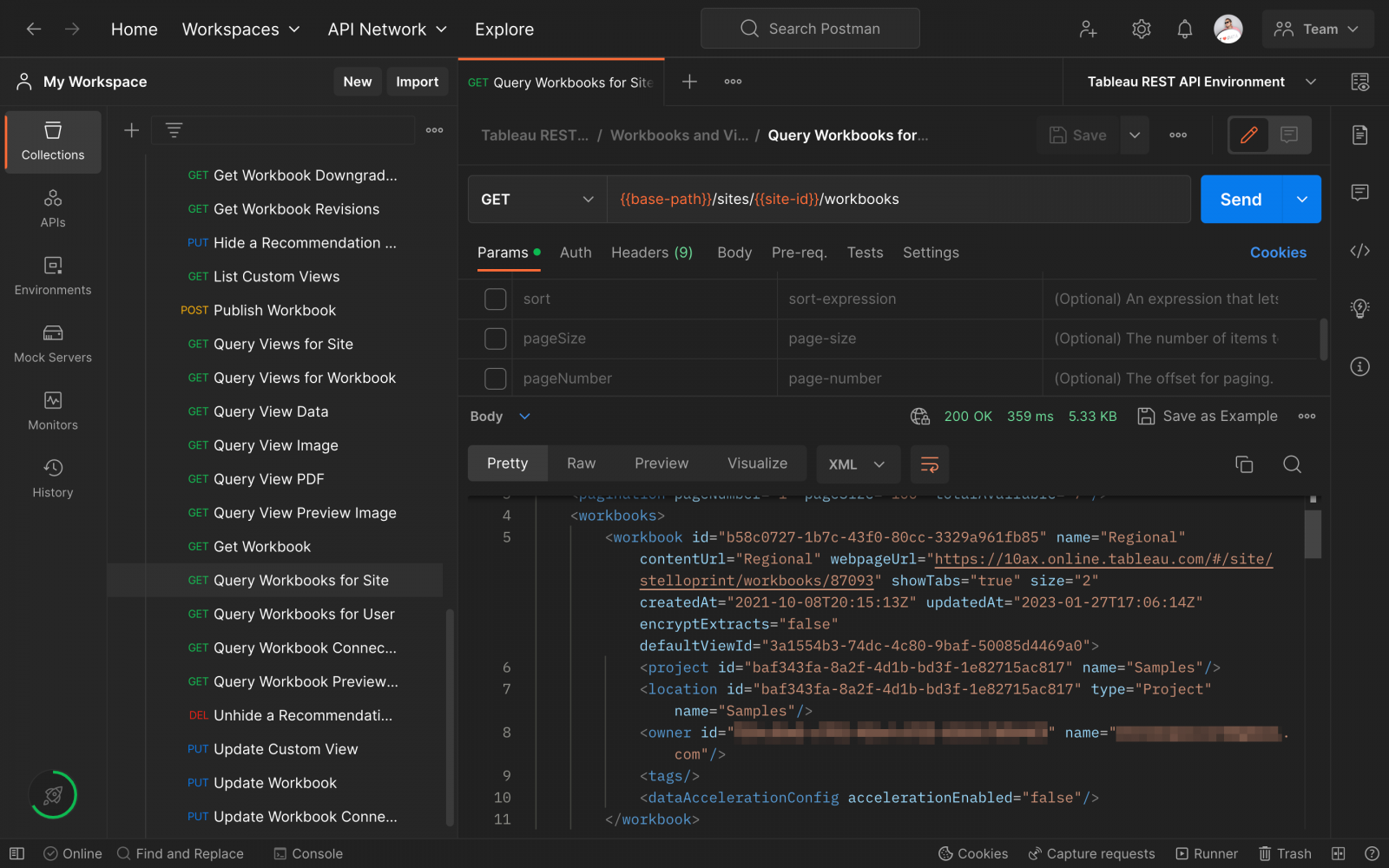 A list of workbooks the authenticated user can see on the Tableau site